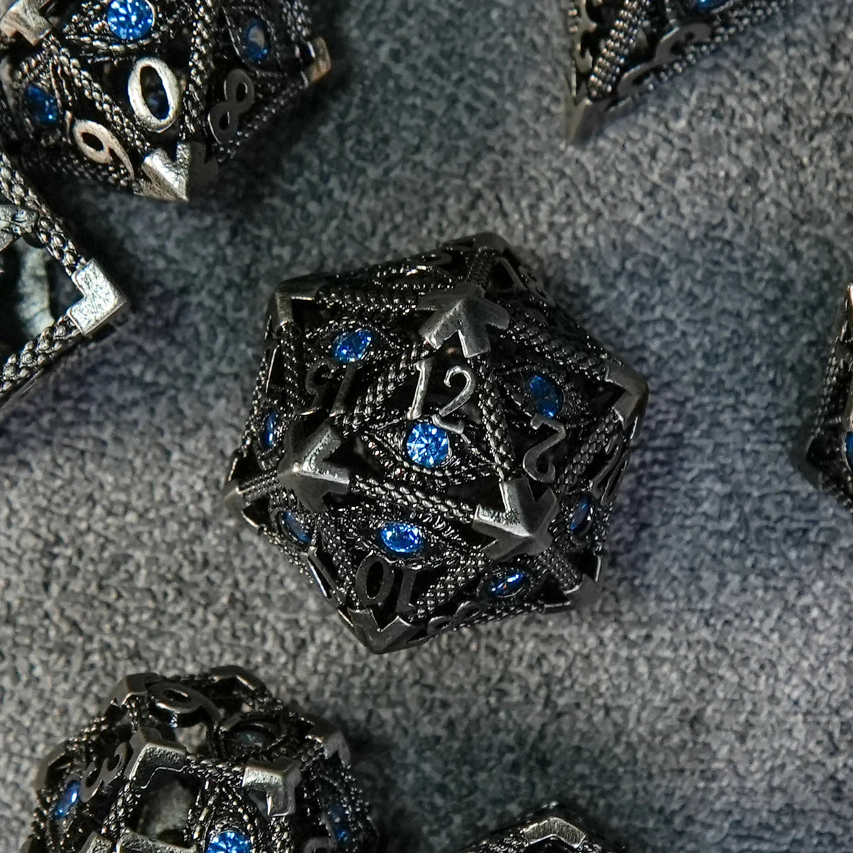Skeleton Metal DND Dice Set – Sapphire Cutout – Dark Elves - Sapphire Dragon's Eye Skeleton Metal DND Dice Set