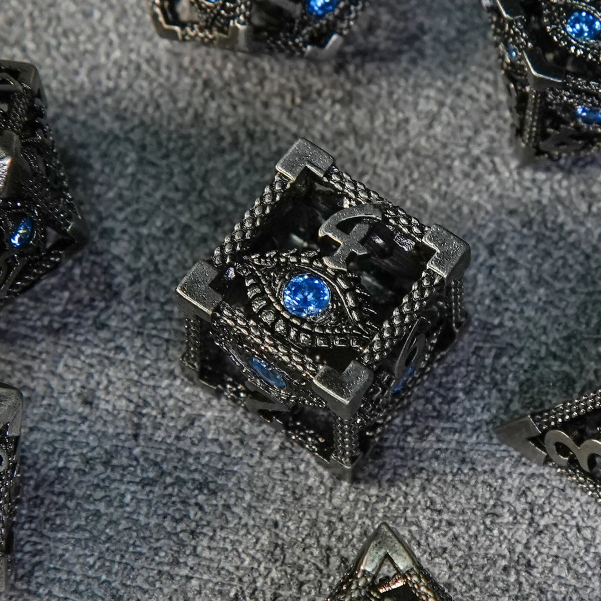 Skeleton Metal DND Dice Set – Sapphire Cutout – Dark Elves - Sapphire Dragon's Eye Skeleton Metal DND Dice Set