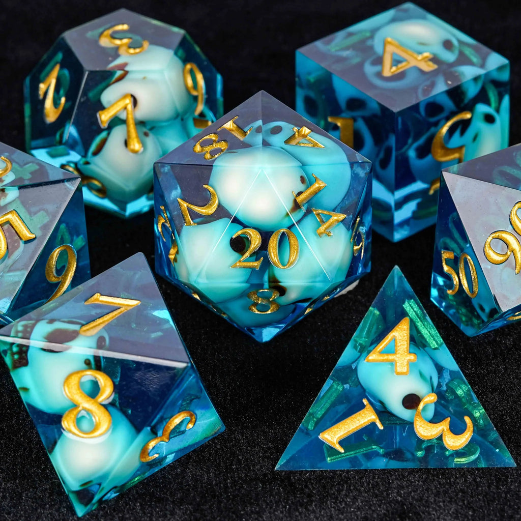 Skeleton Nightmare Resin DND Dice Set – Gold Numbers – Skeleton Nightmare - Blue Resin DND Dice Set + Gold Numbers
