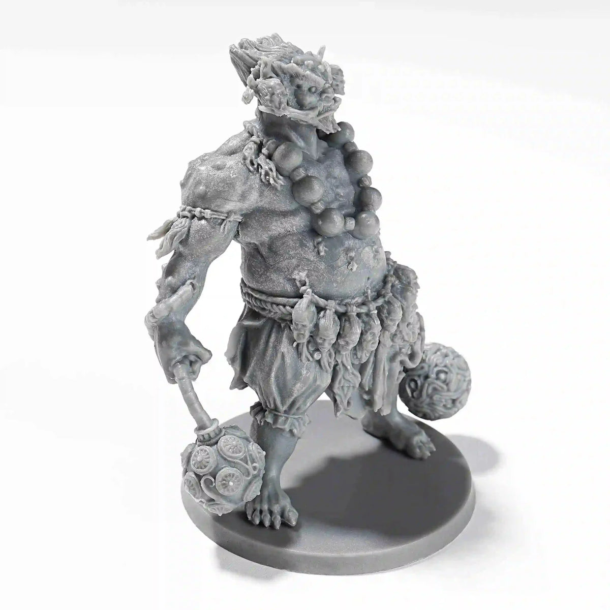 Skeleton RPG Miniature – Tabletop Model – 3D printed RPG skull dual-bola Hercules model shown sideways, with a round