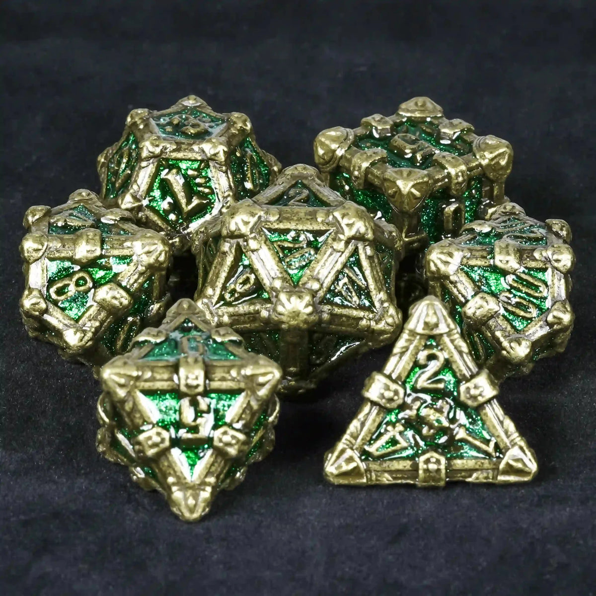 Skull Metal DND Dice Set – Bronze Fluorescent Green Skull DND Dice Set