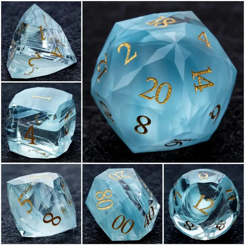 Sky Gemstone DND Dice Set – DND Dice | Diamond - Cut Sky Blue Glass Gemstone Dice Set