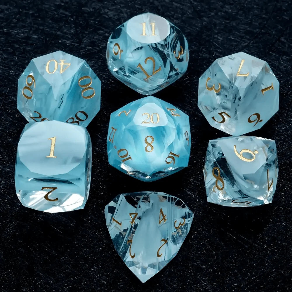 Sky Gemstone DND Dice Set – DND Dice | Diamond - Cut Sky Blue Glass Gemstone Dice Set