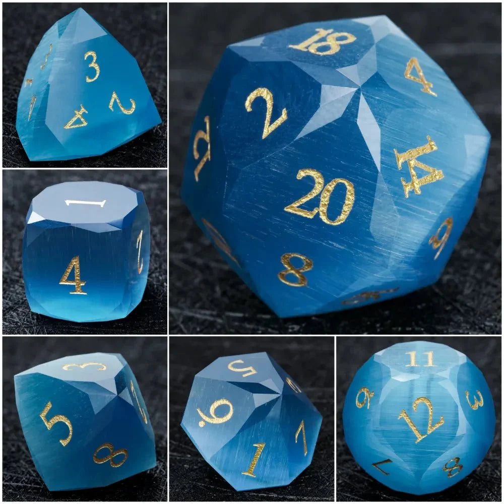 Sky Gemstone DND Dice Set – Gold Numbers – DND Dice | Diamond Polyhedron Sky Blue Glass Gemstone Dice Set with Gold Font