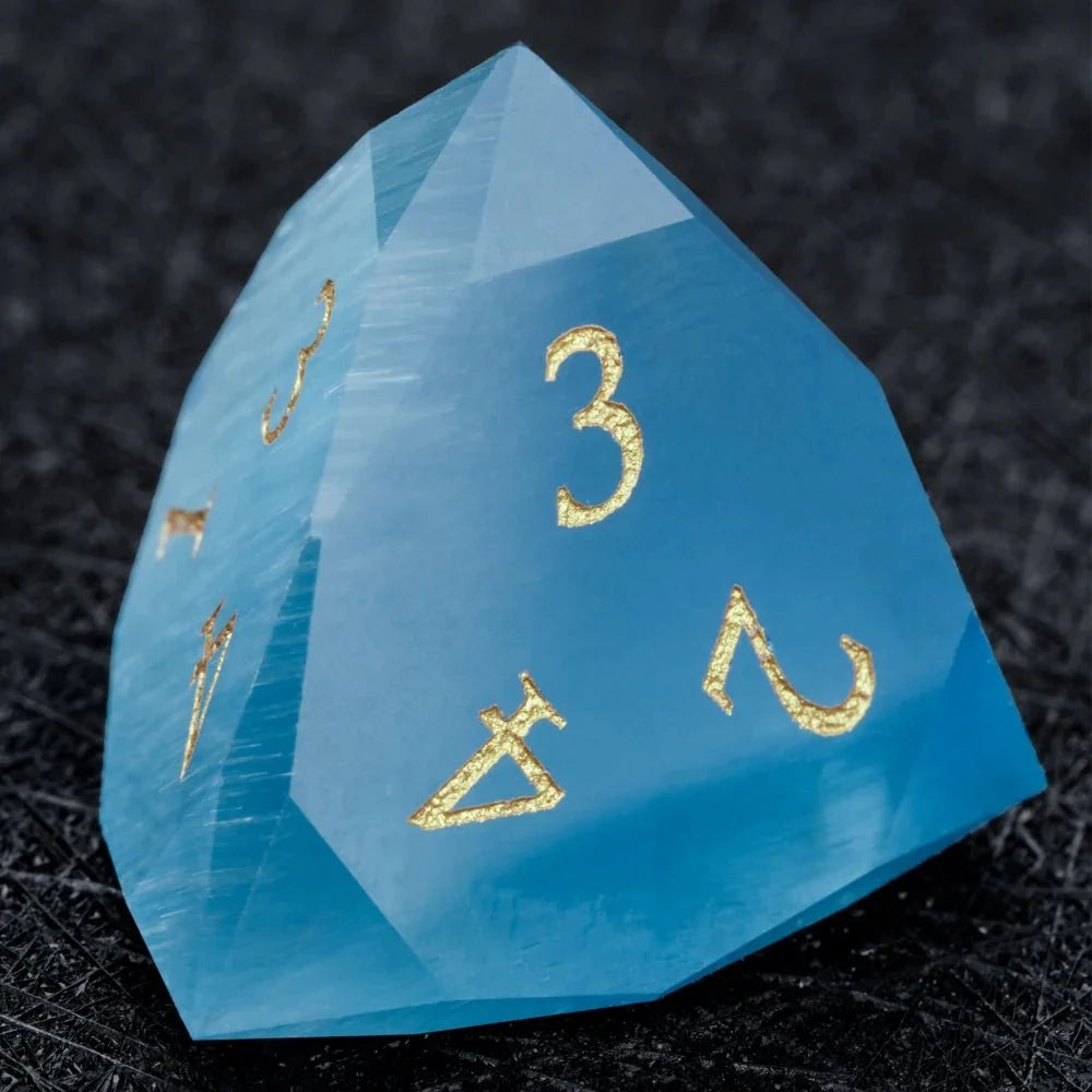 Sky Gemstone DND Dice Set – Gold Numbers – DND Dice | Diamond Polyhedron Sky Blue Glass Gemstone Dice Set with Gold Font