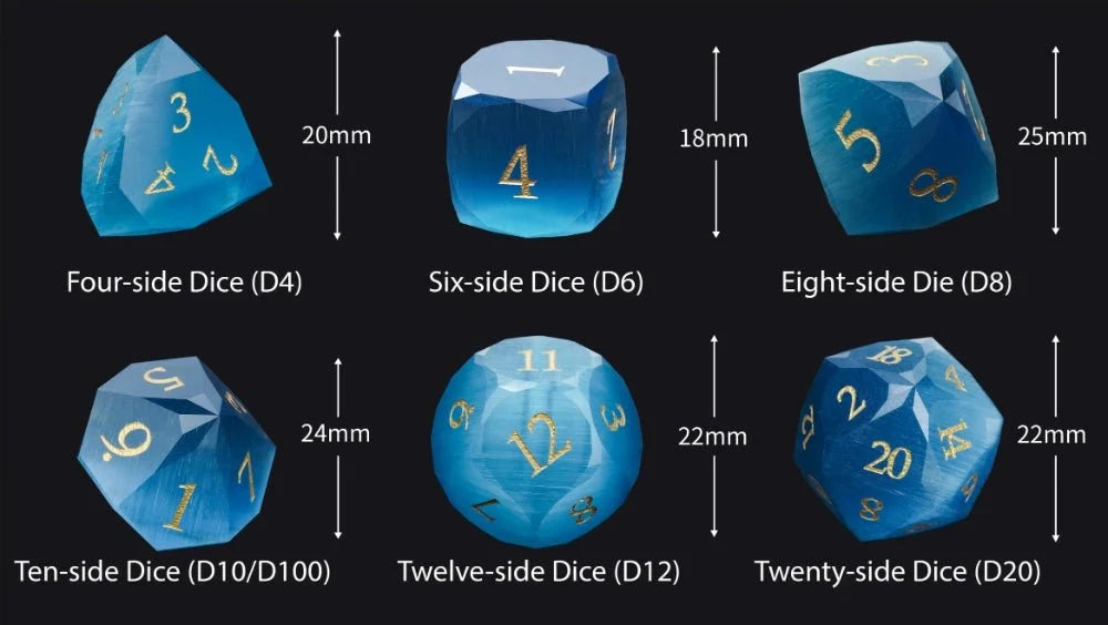 Sky Gemstone DND Dice Set – Gold Numbers – DND Dice | Diamond Polyhedron Sky Blue Glass Gemstone Dice Set with Gold Font