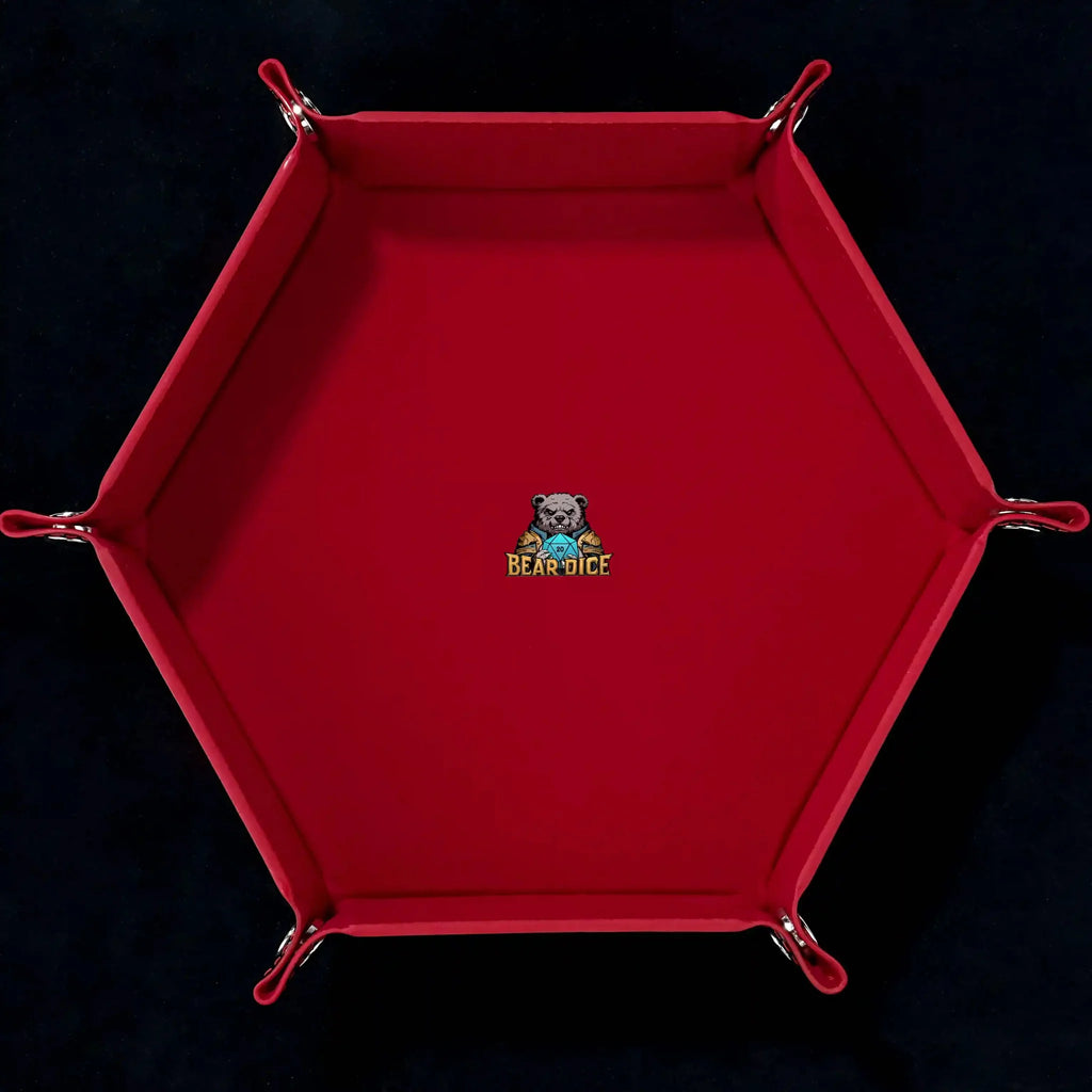 Snap Dice Tray – Leather – Hexagonal black PU leather RPG dice tray with silver buttons. The red dice tray has a