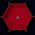 Snap Dice Tray – Leather – Hexagonal black PU leather RPG dice tray with silver buttons. The red dice tray has a
