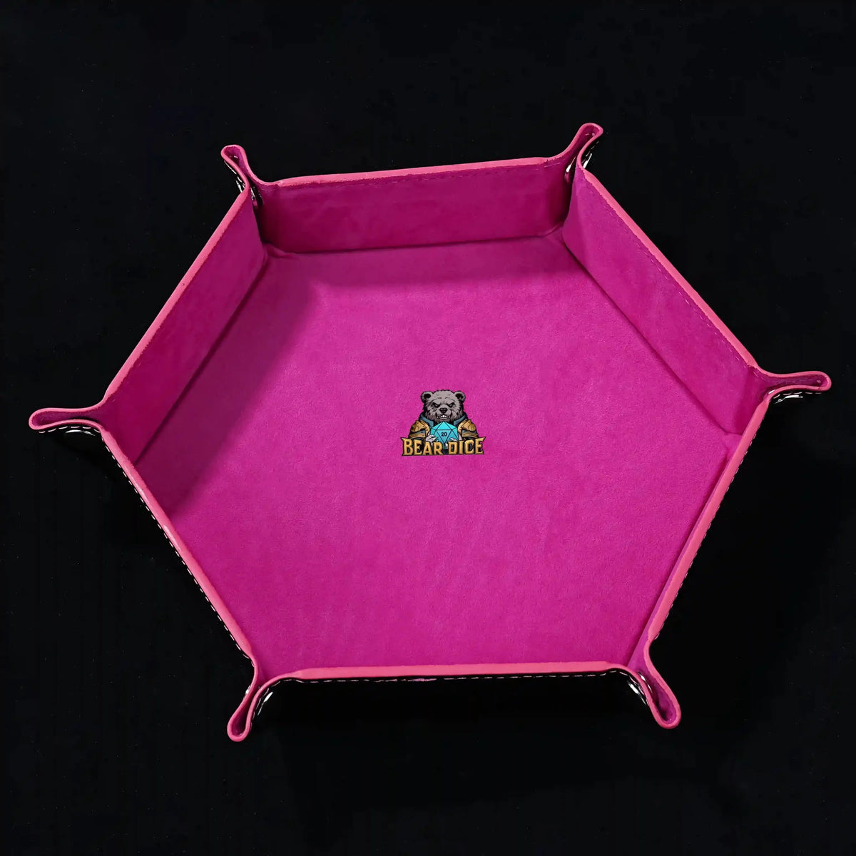 Snap Dice Tray – Leather – Hexagonal black PU leather RPG dice tray with silver buttons. Rose red lining with the logo