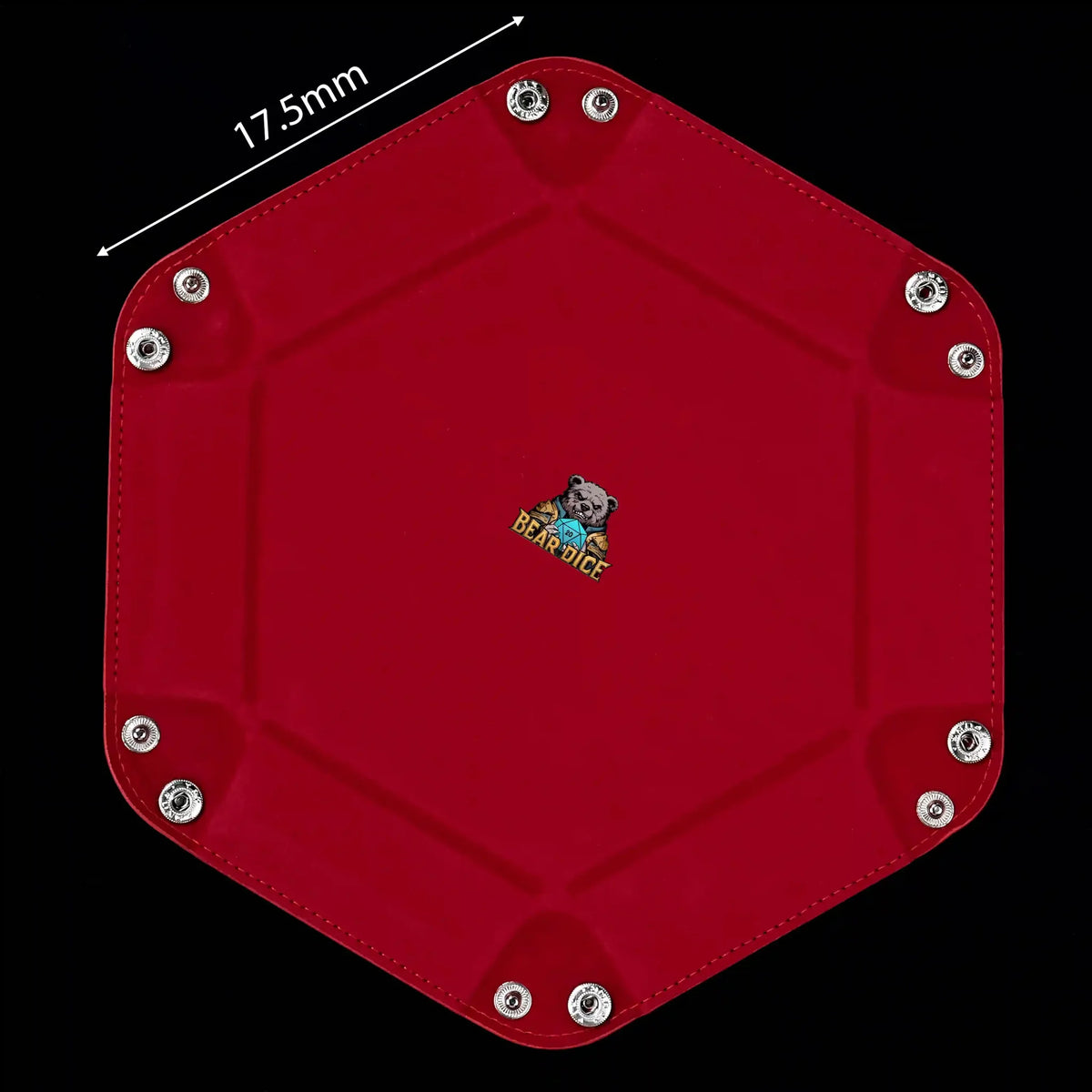 Snap Dice Tray – Leather – Hexagonal red PU leather RPG dice tray with silver buttons and a brown lining. It measures