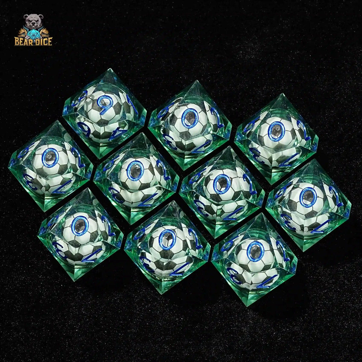 Soccer Ball Liquid Core Dice Set – Green transparent resin D10 dice: liquid core soccer ball 10 sided dice