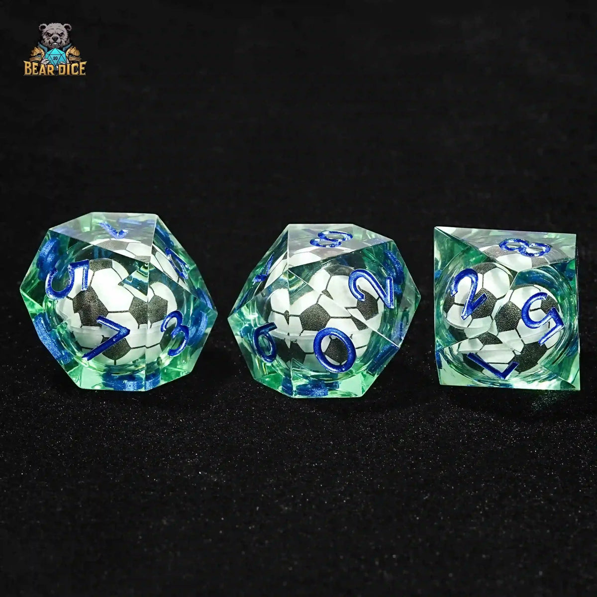 Soccer Ball Liquid Core Dice Set – Green transparent resin D10 dice: liquid core soccer ball 10 sided dice