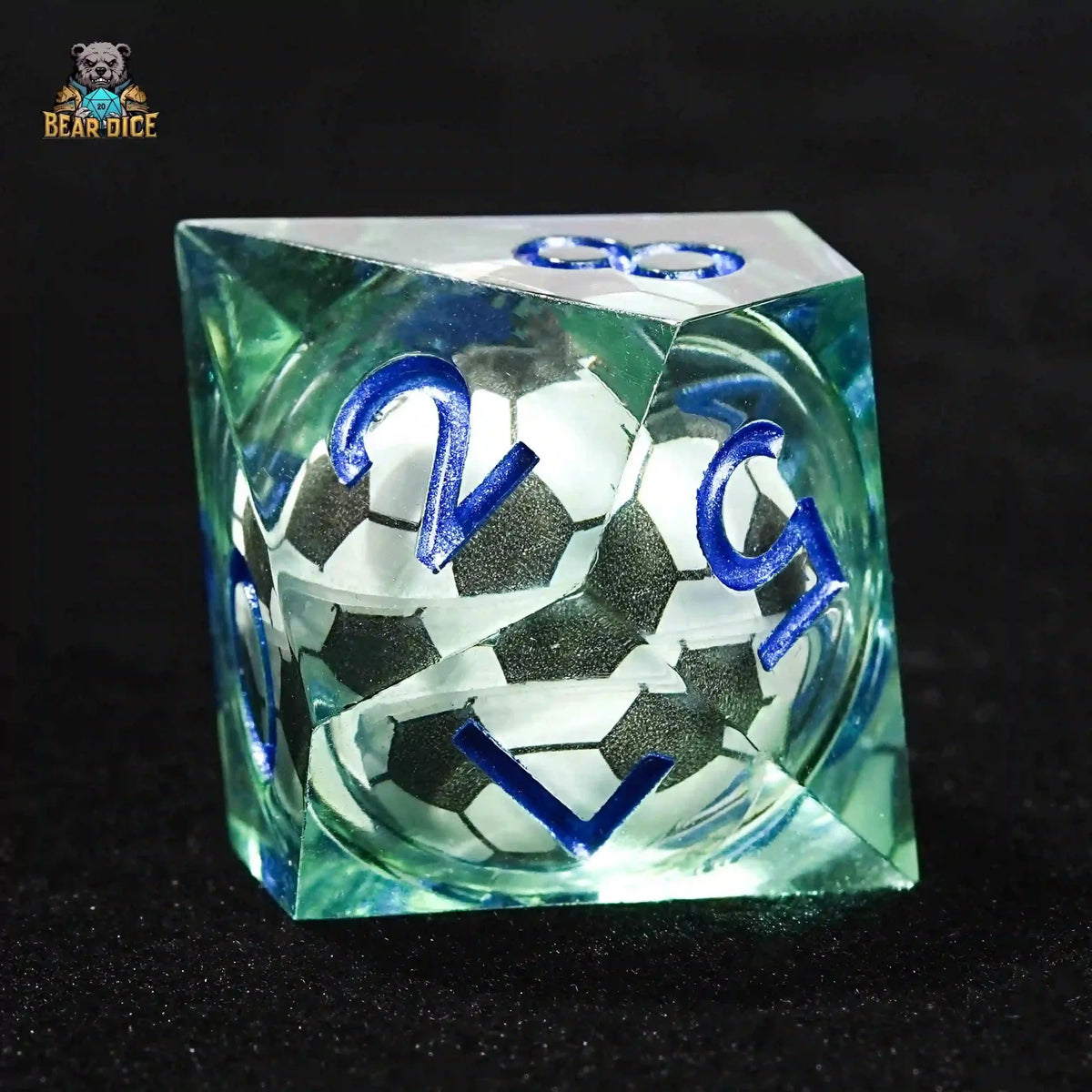 Soccer Ball Liquid Core Dice Set – Green transparent resin D10 dice: liquid core soccer ball 10 sided dice