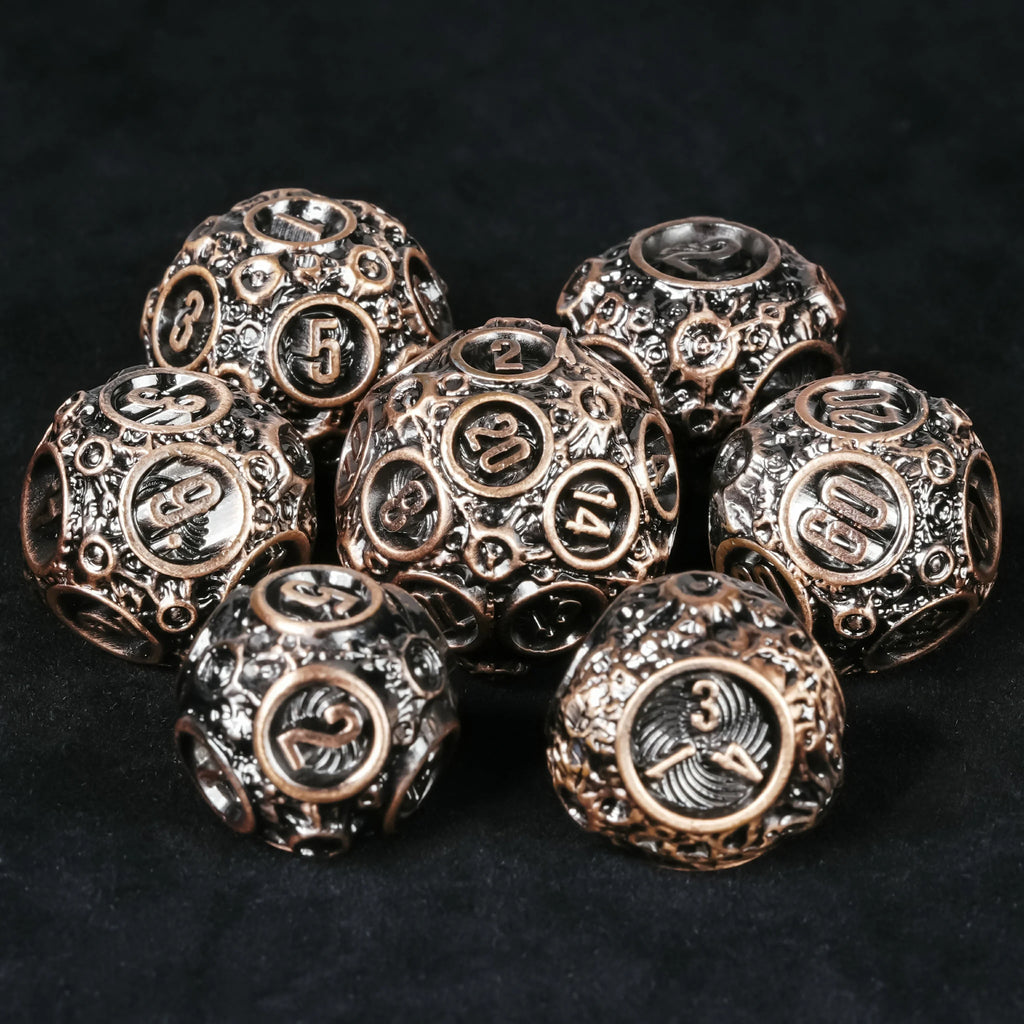 Spherical Planet Metal DND Dice Set – Spherical Planet Metal Dice Set - D20 close-up showing hollow lattice design