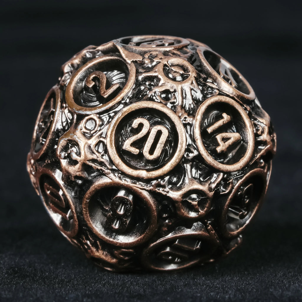 Spherical Planet Metal DND Dice Set – Spherical Planet Metal Dice Set - D20 and D4 size comparison
