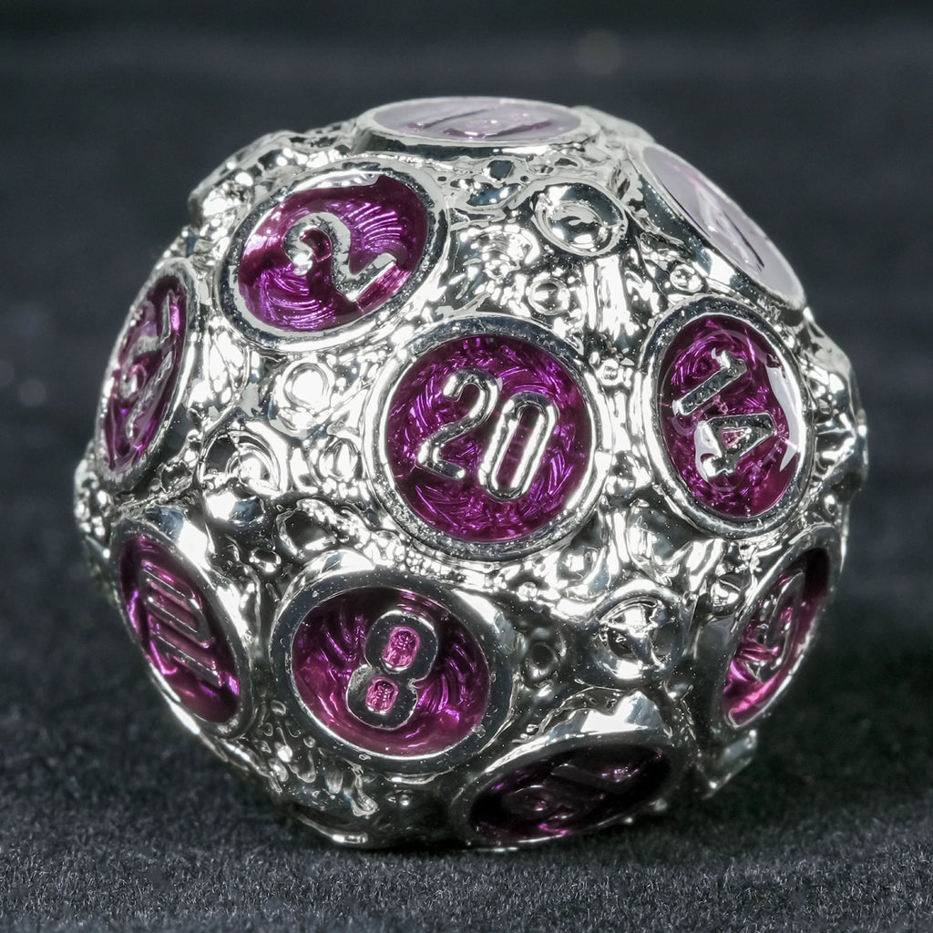 Spherical Planet Metal RPG Dice Set – 7pc – Spherical Planet Metal Dice Set d20 close-up