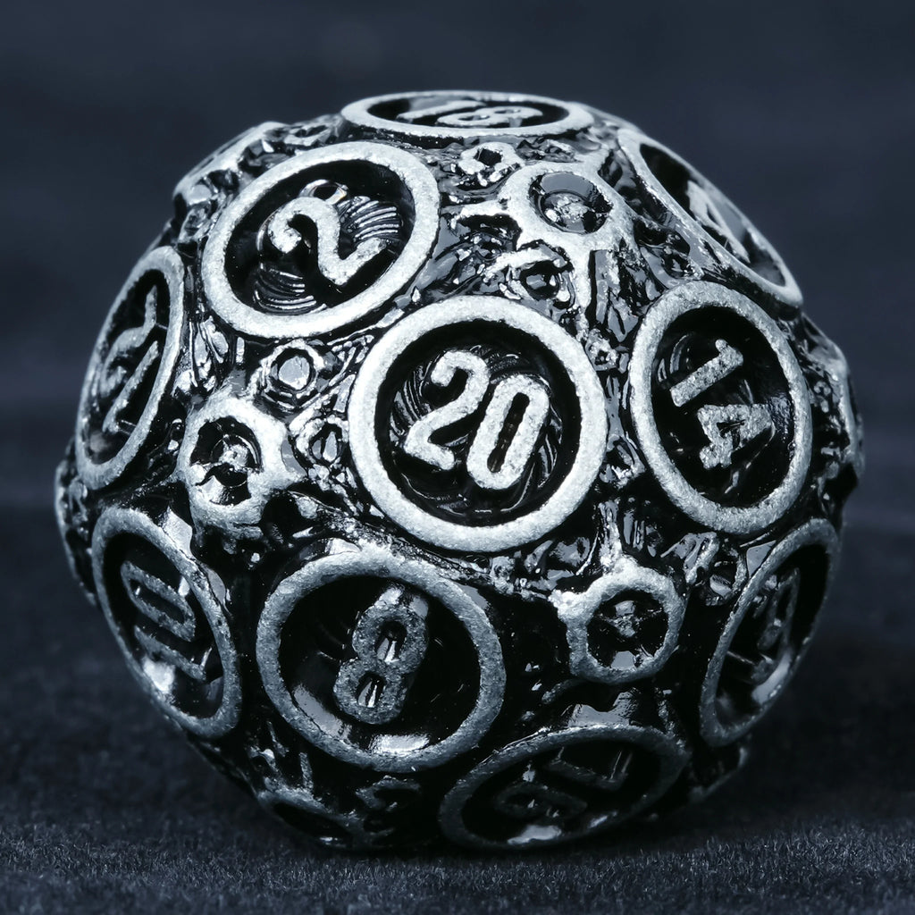 Spherical Planet Metal RPG Dice Set – Full – Spherical Planet Metal Dice Set D12 close-up showing textured surface and