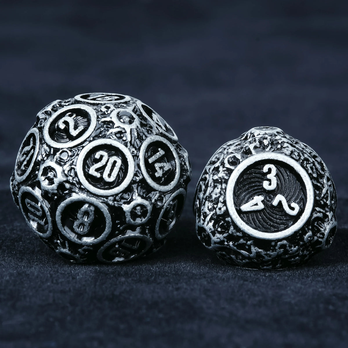 Spherical Planet Metal RPG Dice Set – Full – Spherical Planet Metal Dice Set D20 close-up showing hollow lattice design
