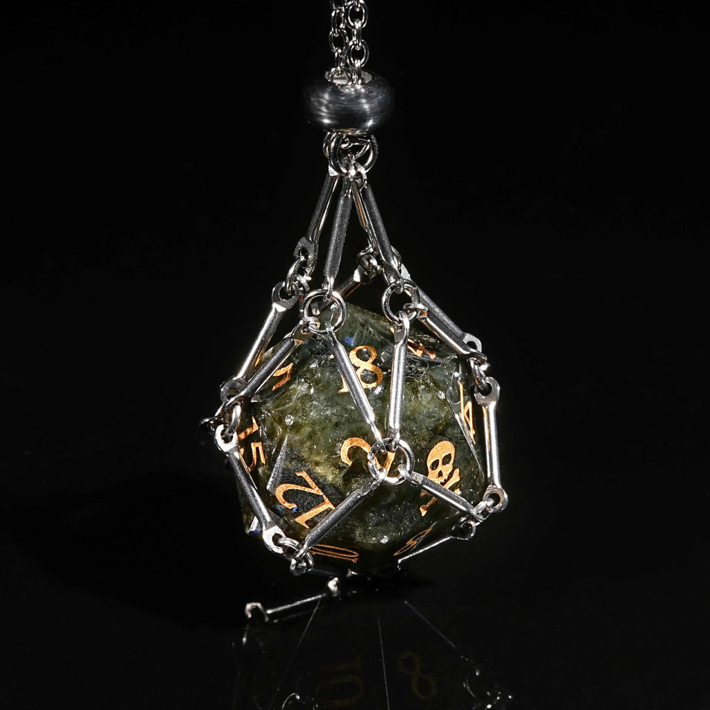 Standard Natural Gemstone RPG Dice Set – DND Natural Gemstone D20 Dice with a Silver Dice Necklace