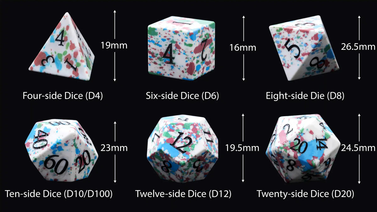 Standard Natural Gemstone RPG Dice Set – DND Standard Natural Gemstone Dice Set Sizes: D4 Dice ≈ 19 mm; D6 Dice ≈ 16