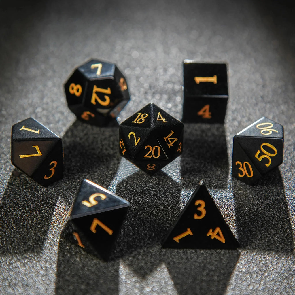 Standard Natural Gemstone RPG Dice Set – Obsidian DND Natural Gemstone Dice Set + Engraved Gold Numbers