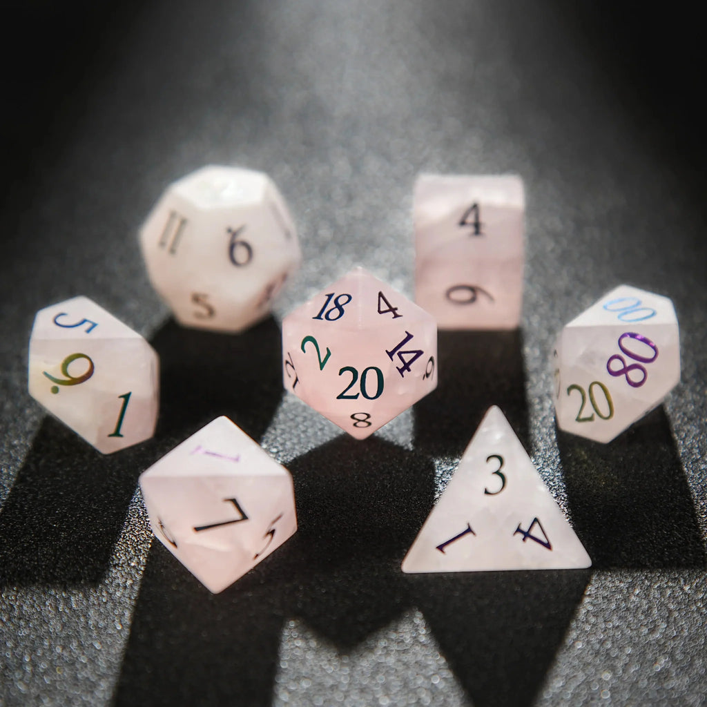 Standard Natural Gemstone RPG Dice Set – Pink Frosted Crystal Dice D&D Natural Gemstone Dice Set + Electroplated