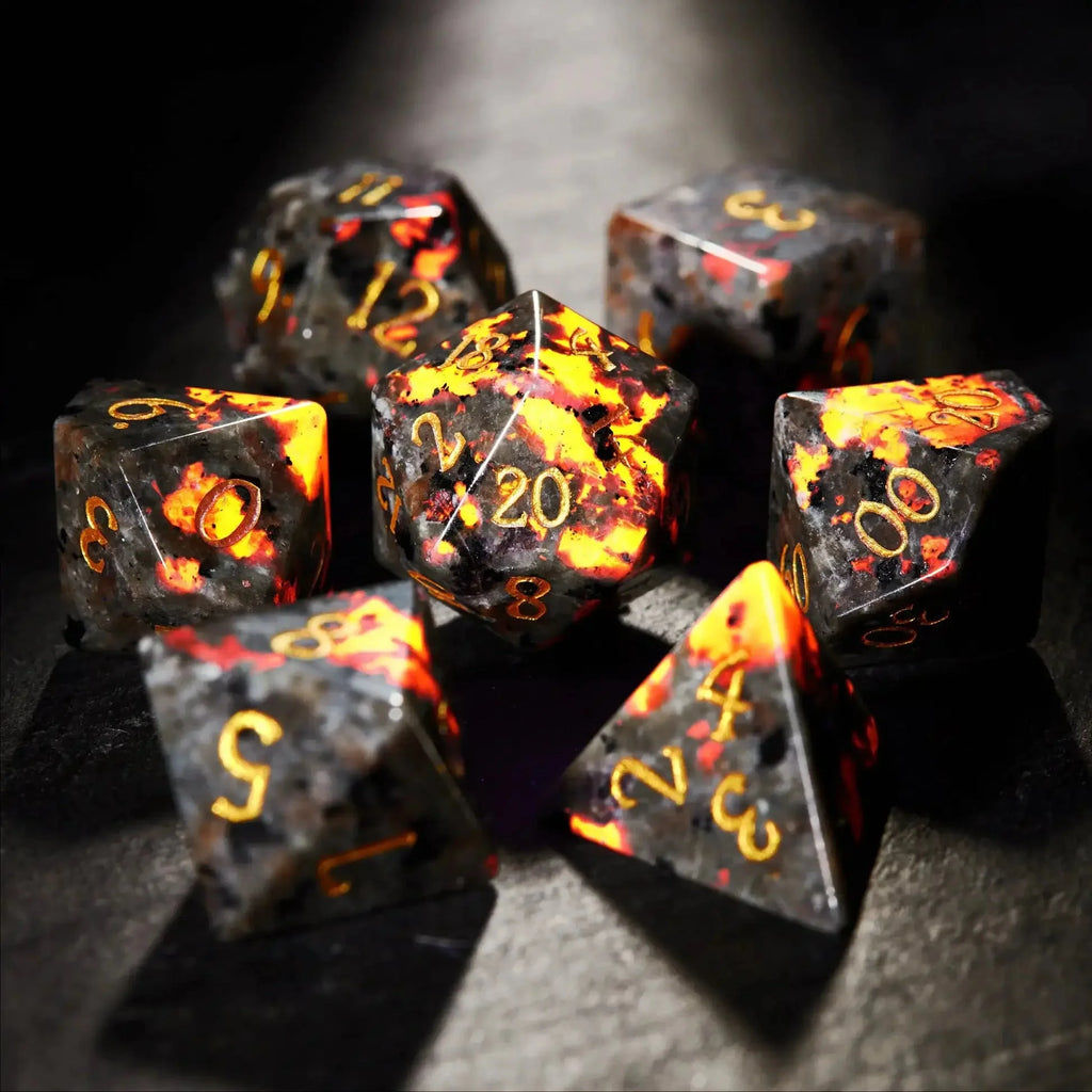 Standard Natural Gemstone RPG Dice Set – Unique Flame Stone Dice: DND multifaceted natural gemstone dice engraved with
