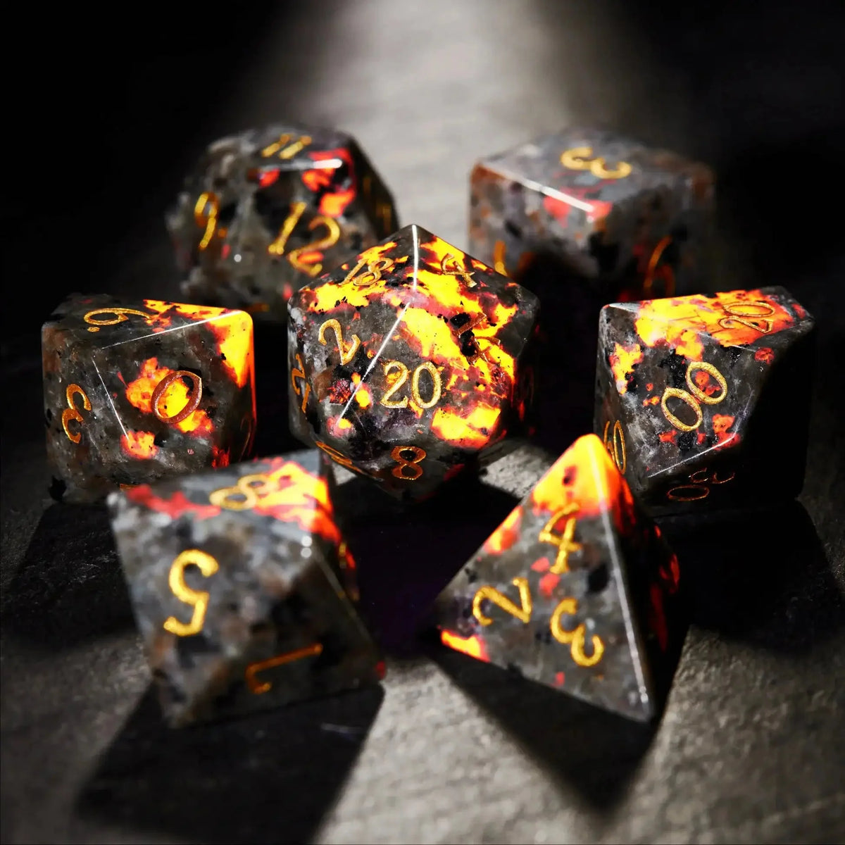 Standard Natural Gemstone RPG Dice Set – Unique Flame Stone Dice: DND multifaceted natural gemstone dice engraved with