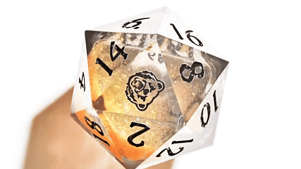 Star Liquid Core Dice Set – Blazing Bear – Glitter Gold Liquid Core D20 Dice with Bear Head Logo - Transparent Resin