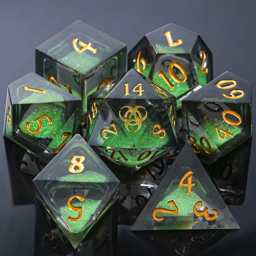 Star Liquid Core Dice Set – Plague Elixir – Green liquid core resin DND Plague Dice Set, with plague patterns engraved