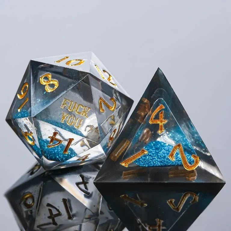 Star Liquid Core Dice Set – Text – Kickstarter Dice - Blue Liquid Core Resin Dice Set With Engraved Text