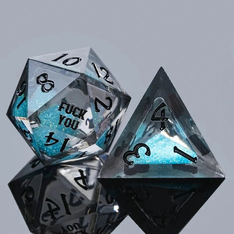 Star Liquid Core Dice Set – Text – Kickstarter Dice - Blue Liquid Core Resin Dice Set With Engraved Text