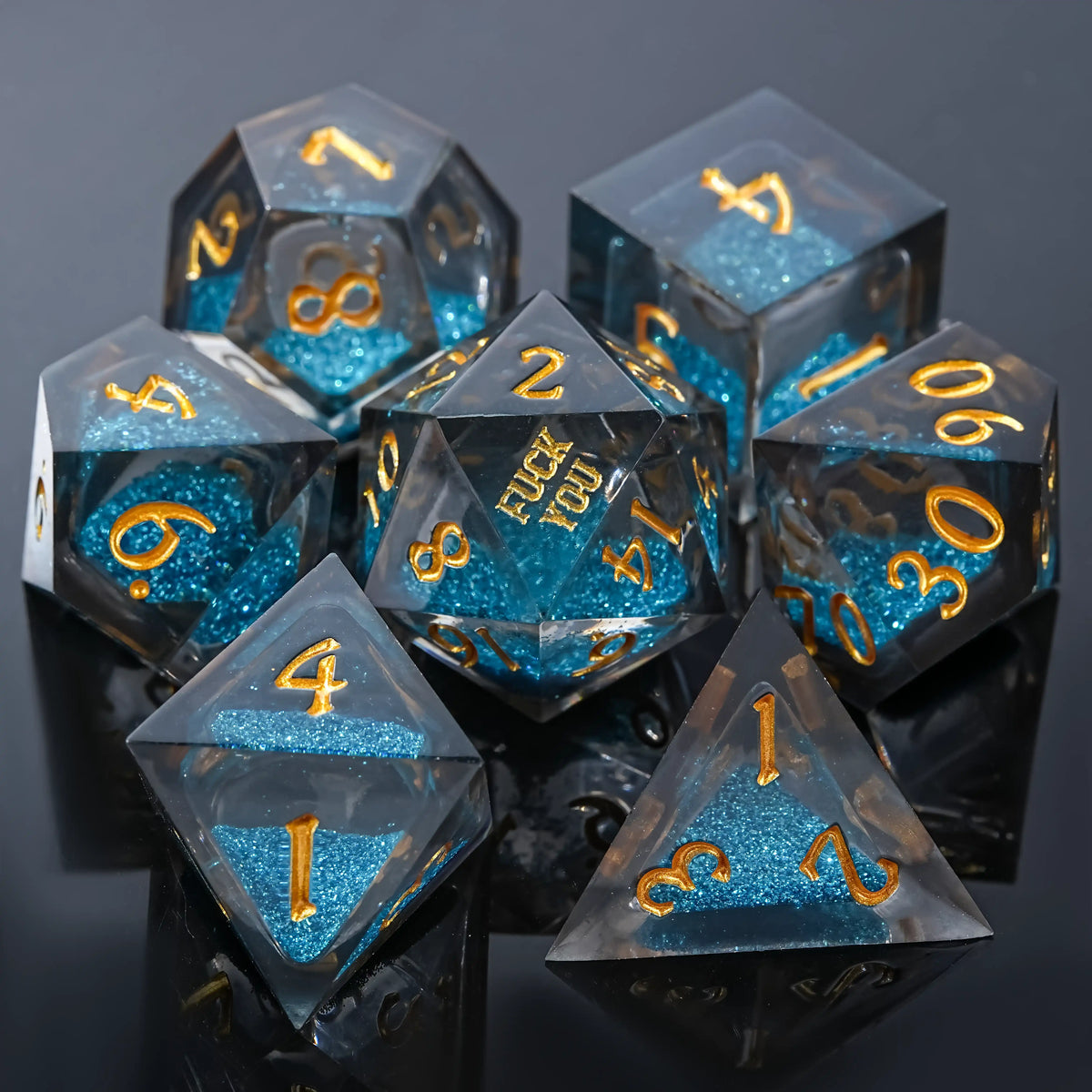Star Liquid Core Dice Set – Text – Kickstarter Dice - YOU Blue Liquid Core Resin DND Dice Set with Engraved Gold Numbers