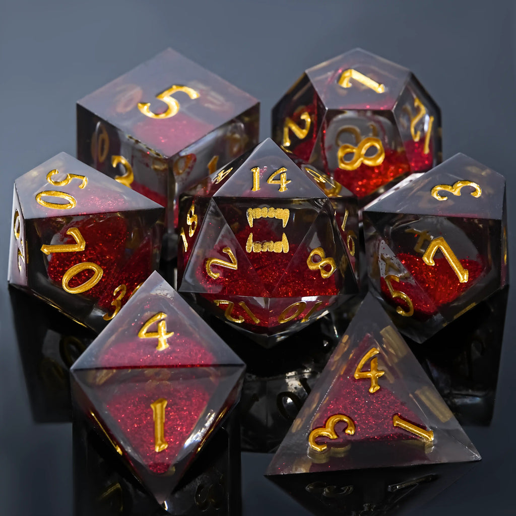 Star Liquid Core Dice Set – Vampire Bite – Red liquid core resin DND Dice Set, featuring a vampire's crimson teeth