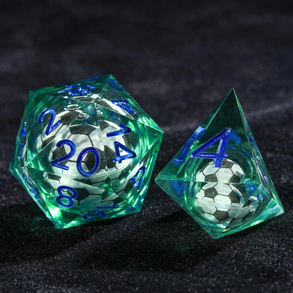 Star Liquid Core DND Dice Set – Soccer Core Resin DND Dice Set + Blue Font