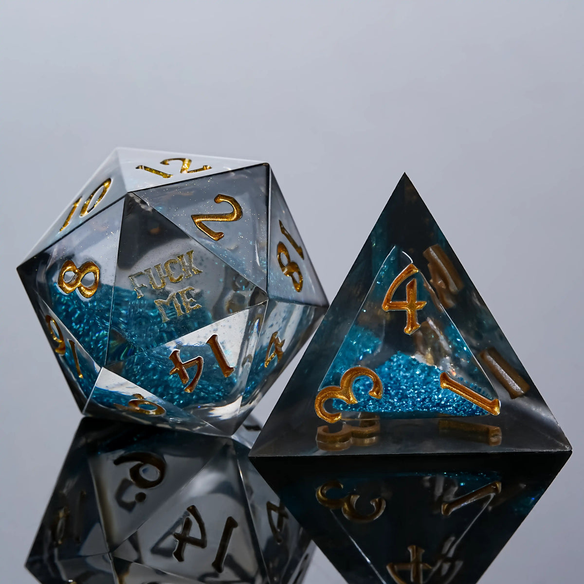 Star Liquid Core RPG Dice – Kickstarter Dice - Me Blue Liquid Core Resin DND D20 Dice and D4 Dice with Engraved Gold
