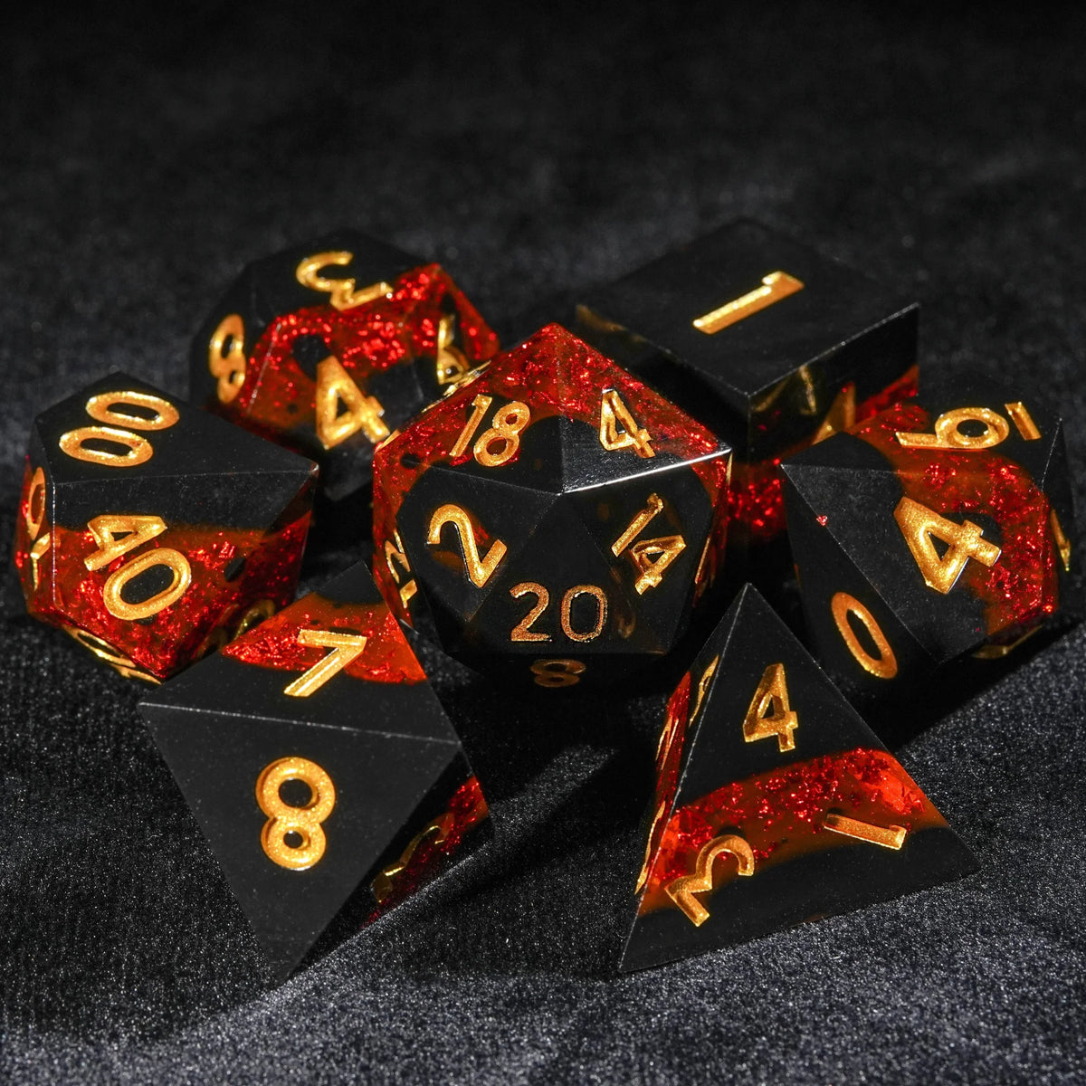 Star Metal DND Dice Set – Gold Numbers – Red Flame Galaxy - Black Resin DND Dice Set with Gold Font