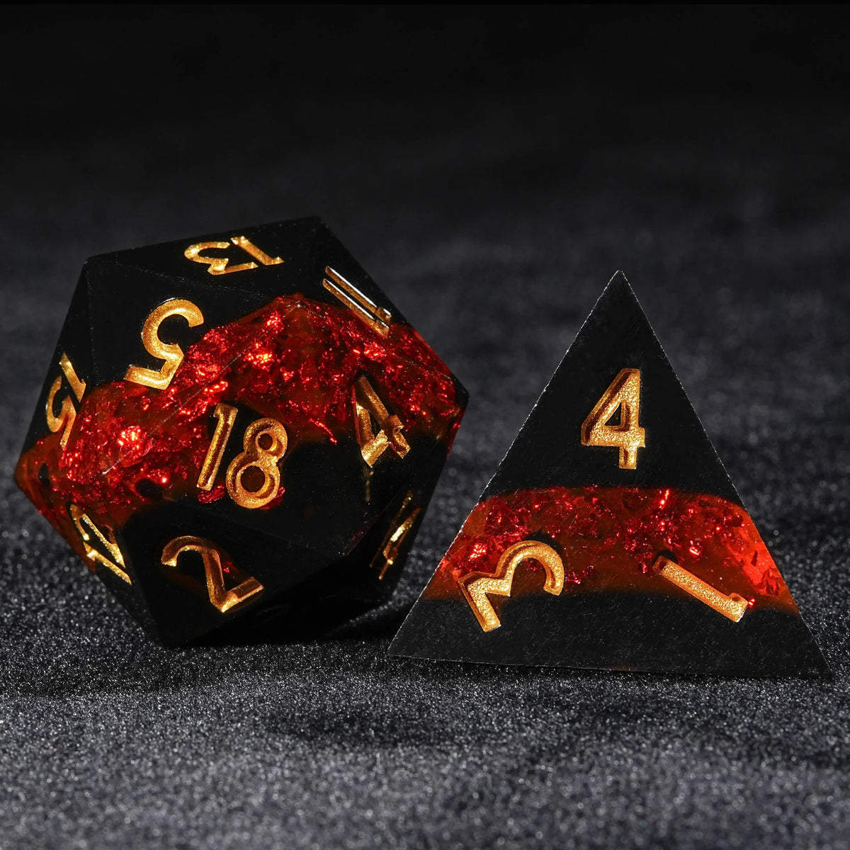 Star Metal DND Dice Set – Gold Numbers – Red Flame Galaxy - Black Resin DND D20 Dice and D4 Dice