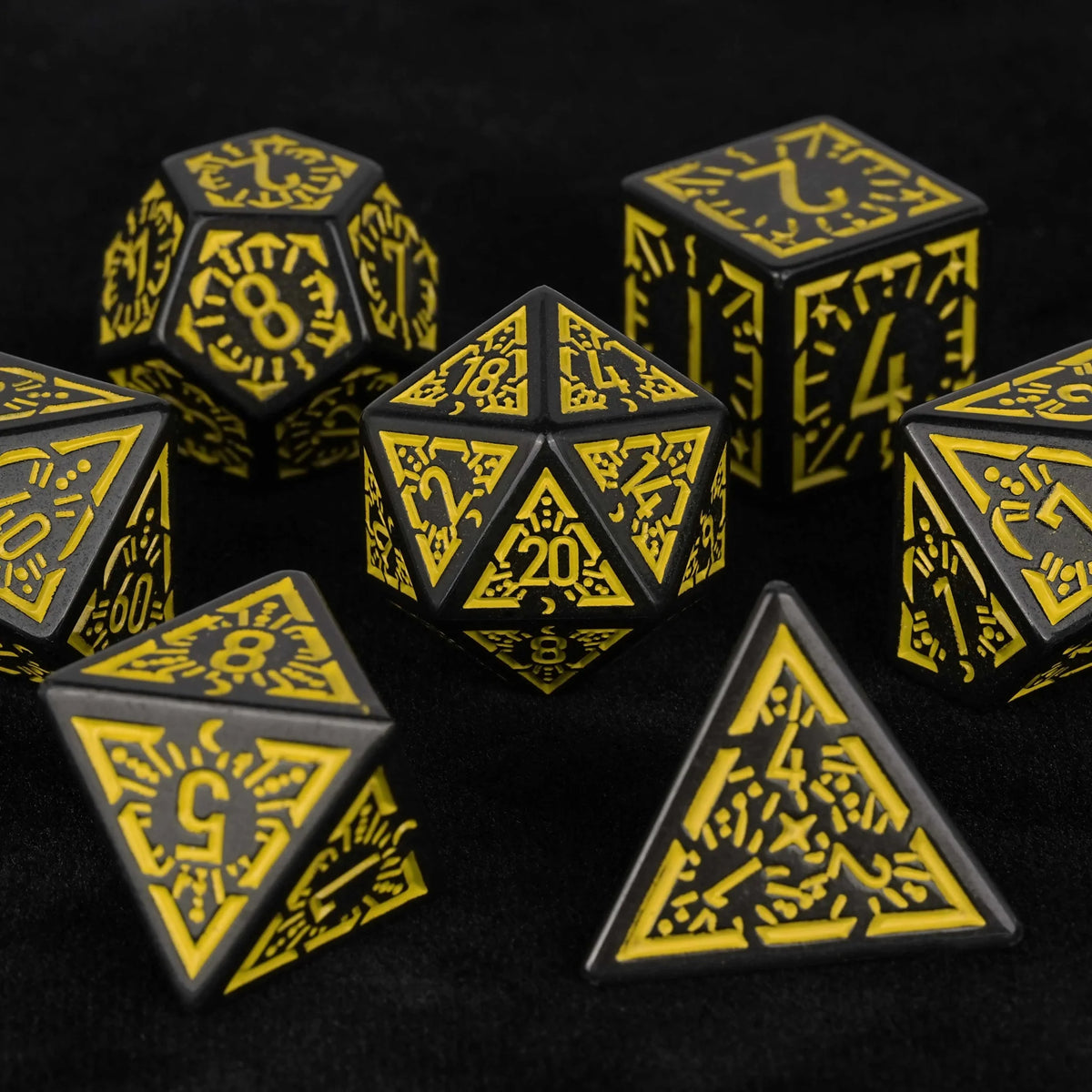 Star Metal DND Dice Set – Moon – Black and Yellow Rune Acrylic DND Dice Set