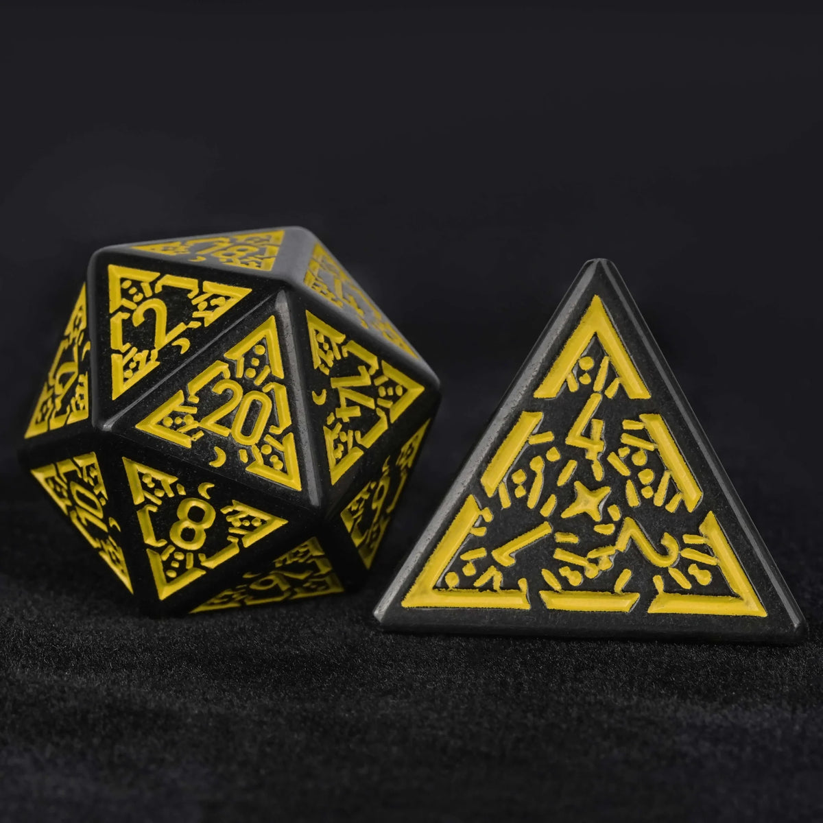 Star Metal DND Dice Set – Moon – Black and Yellow Rune Acrylic DND Dice Set