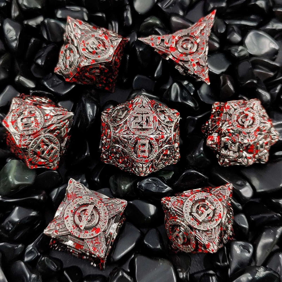 Star Metal DND Dice Set – Wars Bloodstains – UFO mechanical style metal dice set with blood stains