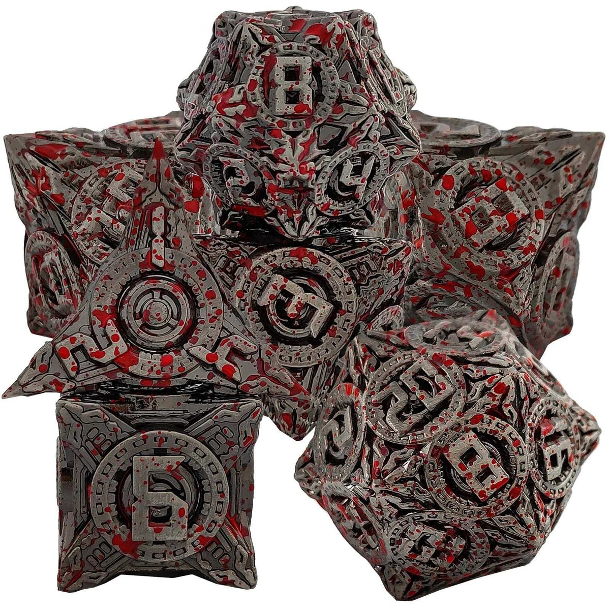 Star Metal DND Dice Set – Wars Bloodstains – UFO mechanical style metal dice set with blood stains