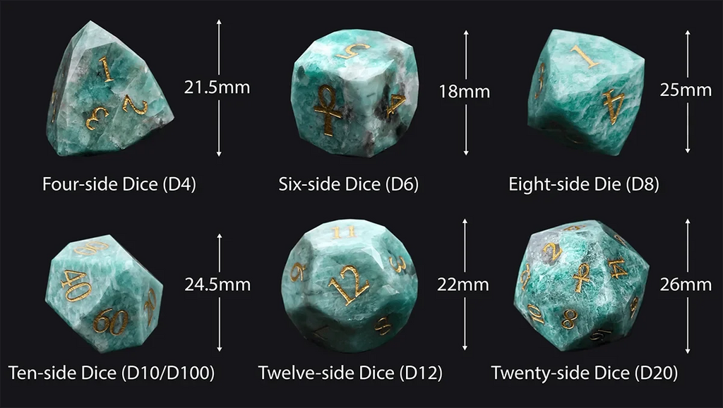 Star Natural Stone DND Dice Set – Amazonite Emerald – Natural Amazonite DND Dice Set, engraved with the Key of Life