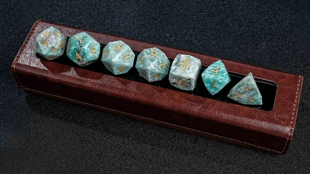 Star Natural Stone DND Dice Set – Amazonite Emerald – Natural Amazonite DND Dice Set, engraved with the Key of Life