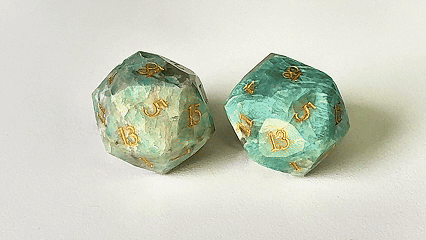 Star Natural Stone DND Dice Set – Amazonite Emerald – Two natural blue-green Amazonite DND D20 dice engraved with the