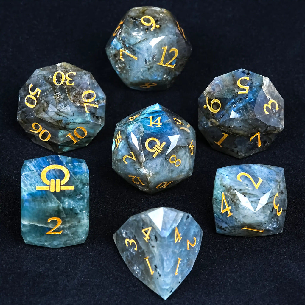 Star Natural Stone DND Dice Set – Ring Order – Kickstarter Dice - Natural Labradorite DND Dice Set, engraved with the