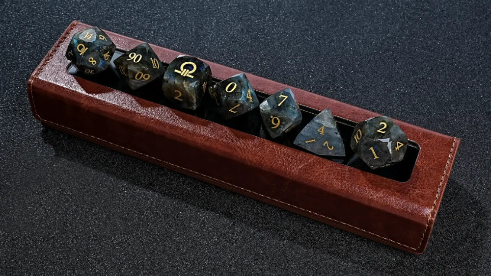 Star Natural Stone DND Dice Set – Ring Order – Natural Labradorite DND Dice Set, engraved with the Ring of Inquiry