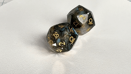Star Natural Stone DND Dice Set – Ring Order – Two natural labradorite DND D20 dice engraved with the Ring of Order