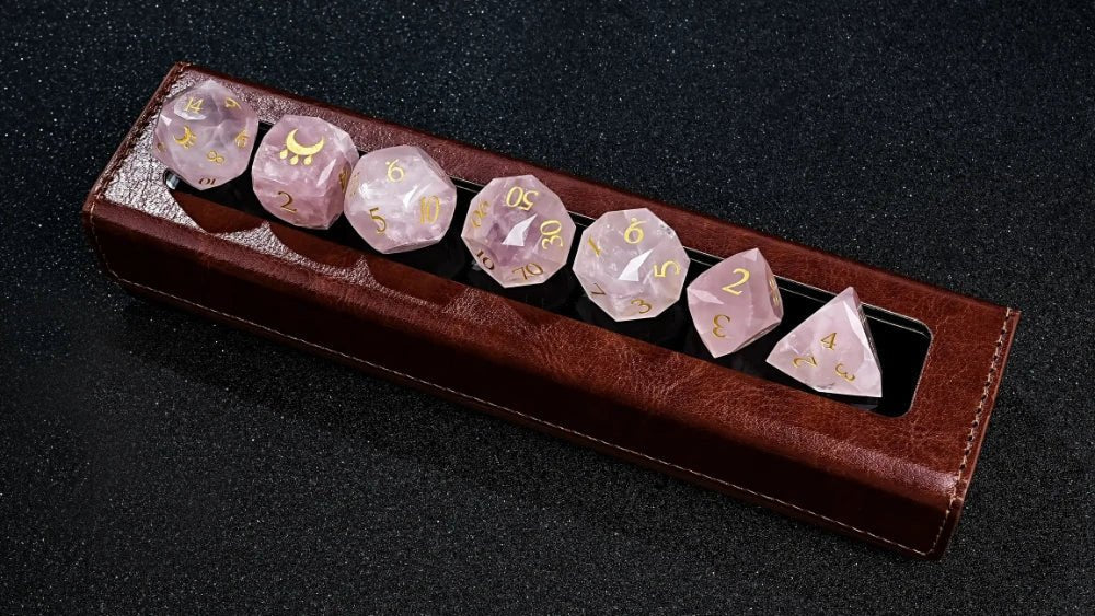Star Natural Stone DND Dice Set – Rose Quartz – Natural Rose Quartz DND Dice Set Engraved with the Gift of the Nile