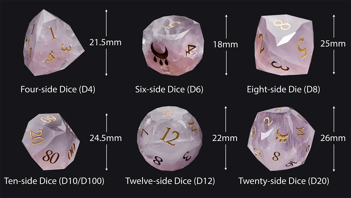 Star Natural Stone DND Dice Set – Rose Quartz – Natural Rose Quartz DND Dice Set Engraved with The Gift of the Nile
